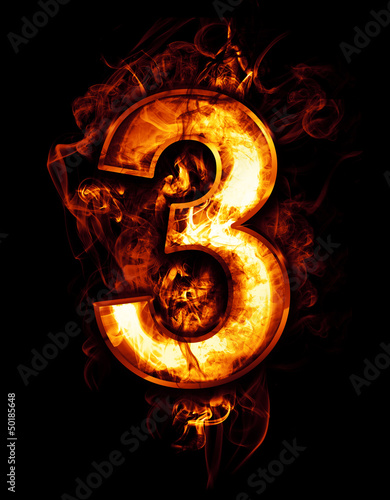 Illustration: three, illustration of number with chrome effects and red fire three, illustration of number with chrome effects and red fire