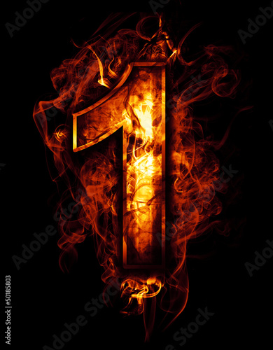 Illustration: one, illustration of number with chrome effects and red fire on one, illustration of number with chrome effects and red fire on