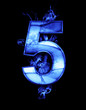 five, illustration of  number with chrome effects and blue fire