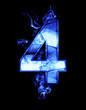 four, illustration of  number with chrome effects and blue fire