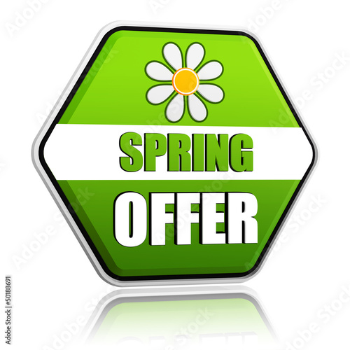 Illustration: spring offer green hexagon label with flower spring offer green hexagon label with flower