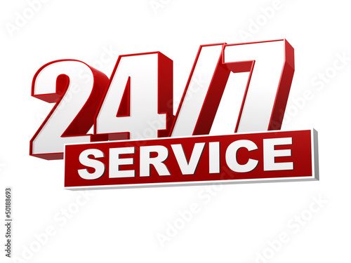 Illustration: 24/7 service red white banner - letters and block 24/7 service red white banner - letters and block