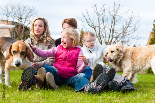 Photo: Family sitting with dogs together on a meadow Family sitting with dogs together on a meadow