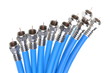 Bunch of blue coaxial cables with connectors
