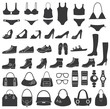 Set of vector silhouettes: shoes, swimwear and accessories.