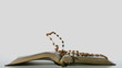 Rosary beads falling onto open bible on white background