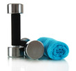 Dumbbells with towel isolated on white