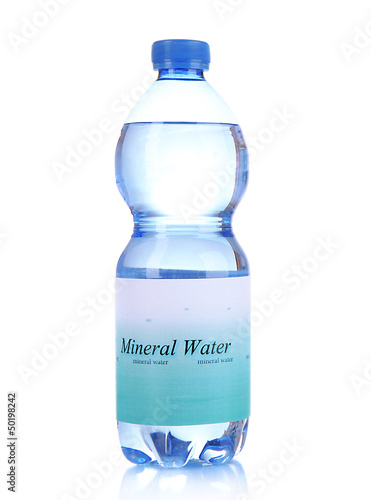 Photo: Water bottle with label isolated on white Water bottle with label isolated on white