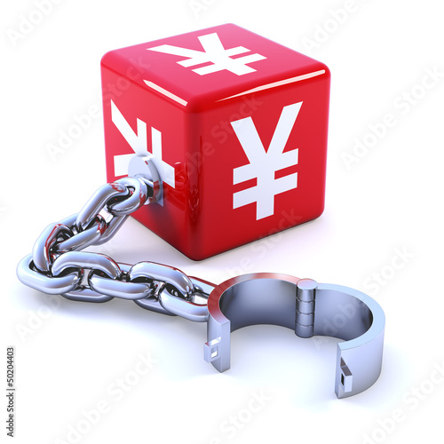 Illustration: Red cube with Yen symbol and chain Red cube with Yen symbol and chain