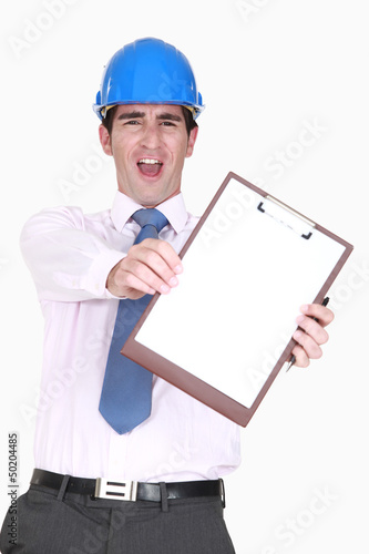 Photo: Ecstatic man in a hardhat with a blank clipboard Ecstatic man in a hardhat with a blank clipboard