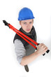 Menacing tradesman holding large clippers