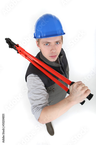 Photo: Menacing tradesman holding large clippers Menacing tradesman holding large clippers