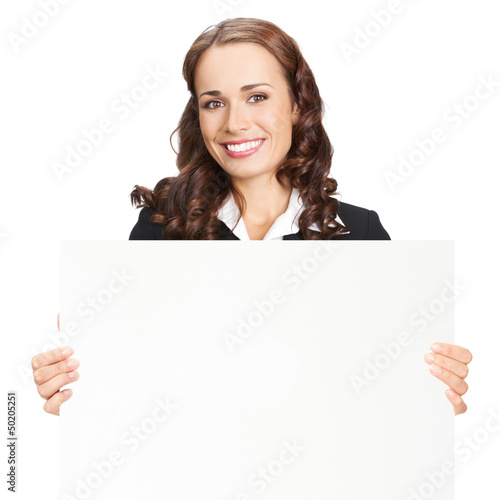 Photo: Businesswoman showing blank signboard, on white Businesswoman showing blank signboard, on white