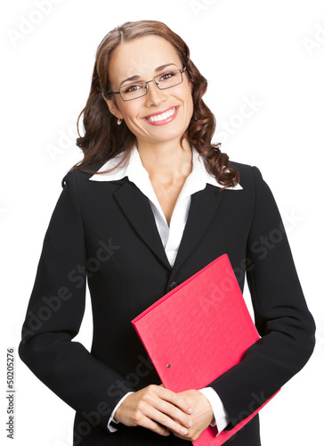 Photo: Smiling businesswoman with red folder, on white Smiling businesswoman with red folder, on white