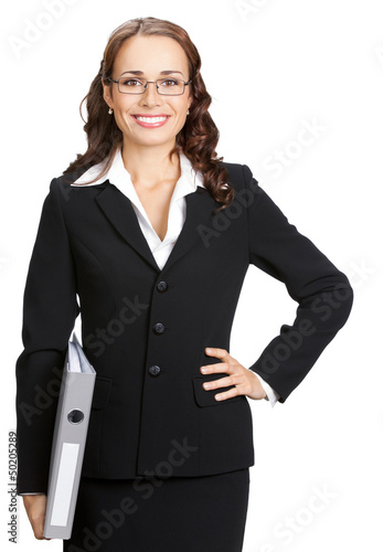 Photo: Businesswoman with grey folder, isolated Businesswoman with grey folder, isolated