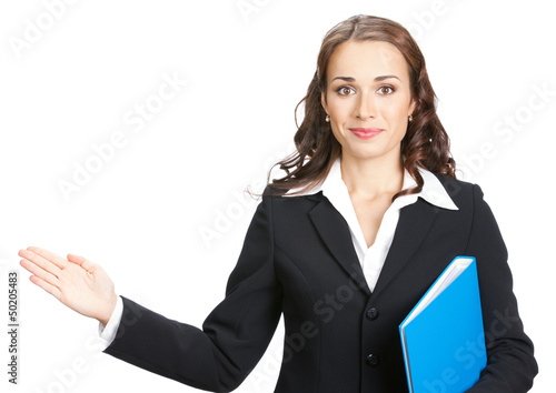 Photo: Businesswoman showing, isolated on white Businesswoman showing, isolated on white