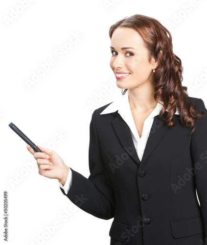 Photo: Businesswoman showing, isolated on white Businesswoman showing, isolated on white