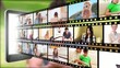 Movie tapes appearing from phone with man in park on background