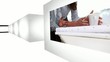 Futuristic screen interface showing business people at work