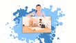 Montage of paint spatter and woman revealing people in apartment