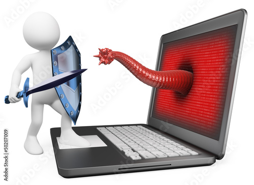 Illustration: 3D white people. Antivirus protection against computer virus 3D white people. Antivirus protection against computer virus