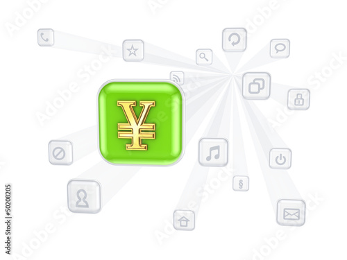 Illustration: Icon with yen symbol among other icons. Icon with yen symbol among other icons.