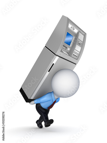 Illustration: 3d small person with ATM on a back. 3d small person with ATM on a back.
