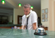 Hotel reception desk with a bell