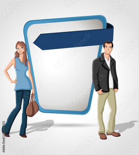 Vector: Cartoon young couple in front of blue template screen Cartoon young couple in front of blue template screen