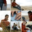 Collage of a man using his laptop by the sea