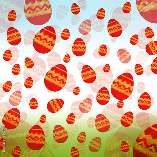 Illustration: red easter eggs in blue green background red easter eggs in blue green background