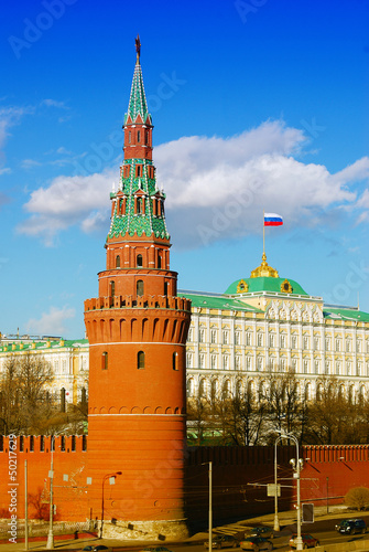 Photo: Moscow Kremlin Tower, Big Kremlin palace with a flag. Moscow Kremlin Tower, Big Kremlin palace with a flag.