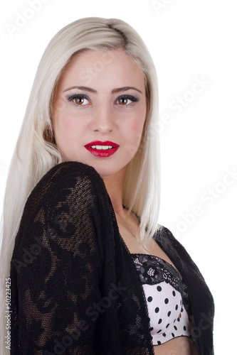 Photo: Beautiful young sexy woman with long blond hair and red lipstick Beautiful young sexy woman with long blond hair and red lipstick