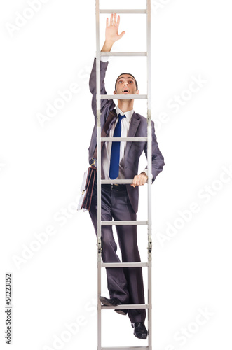 Photo: Businessman climbing the ladder isolated on white Businessman climbing the ladder isolated on white