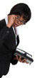 black businesswoman with lowered glasses holding agenda