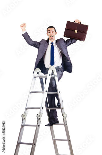 Photo: Businessman climbing career ladder on white Businessman climbing career ladder on white