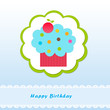 Colorida tarjeta de Feliz Cumpleaños con un pastel