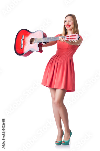 Photo: Female guitar player isolated on white Female guitar player isolated on white