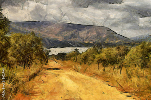 Illustration: Gravel Road Leading to Dam Oil Painting Gravel Road Leading to Dam Oil Painting