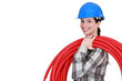 female plumber carrying hose