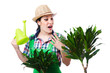 Girl watering plants on white