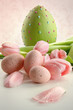 Easter eggs and pink tulips with vintage feeling