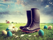 Rubber boots with easter eggs on grass