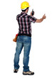 worker looking at his walkie talkie and making a thumbs up sign