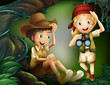 A boy sitting at the root of a tree and a girl with a telescope