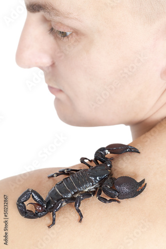 Photo: Man with Emperor Scorpion on his shoulder Man with Emperor Scorpion on his shoulder