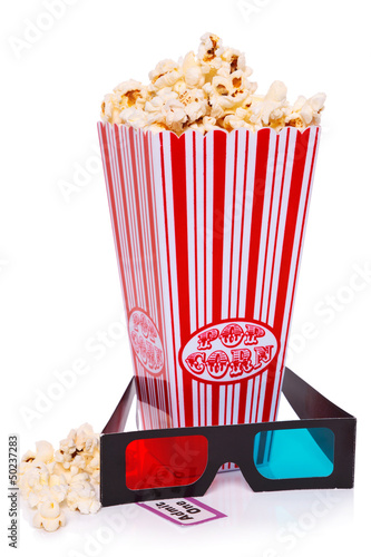 Photo: Popcorn, 3D Glasses and Ticket isolated Popcorn, 3D Glasses and Ticket isolated