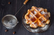Waffles with honey and powdered sugar