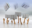 female arms catching flying books with blur sky