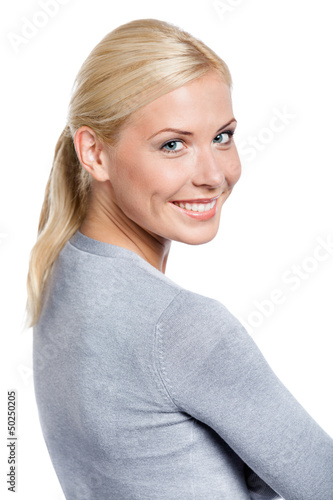 Photo: Portrait of young smiley female, isolated on white Portrait of young smiley female, isolated on white